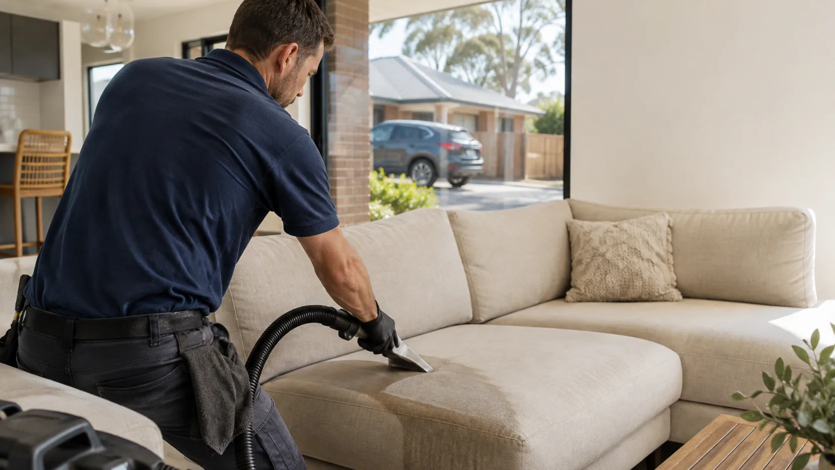 A technician steam-cleaning a fabric sofa in Australia