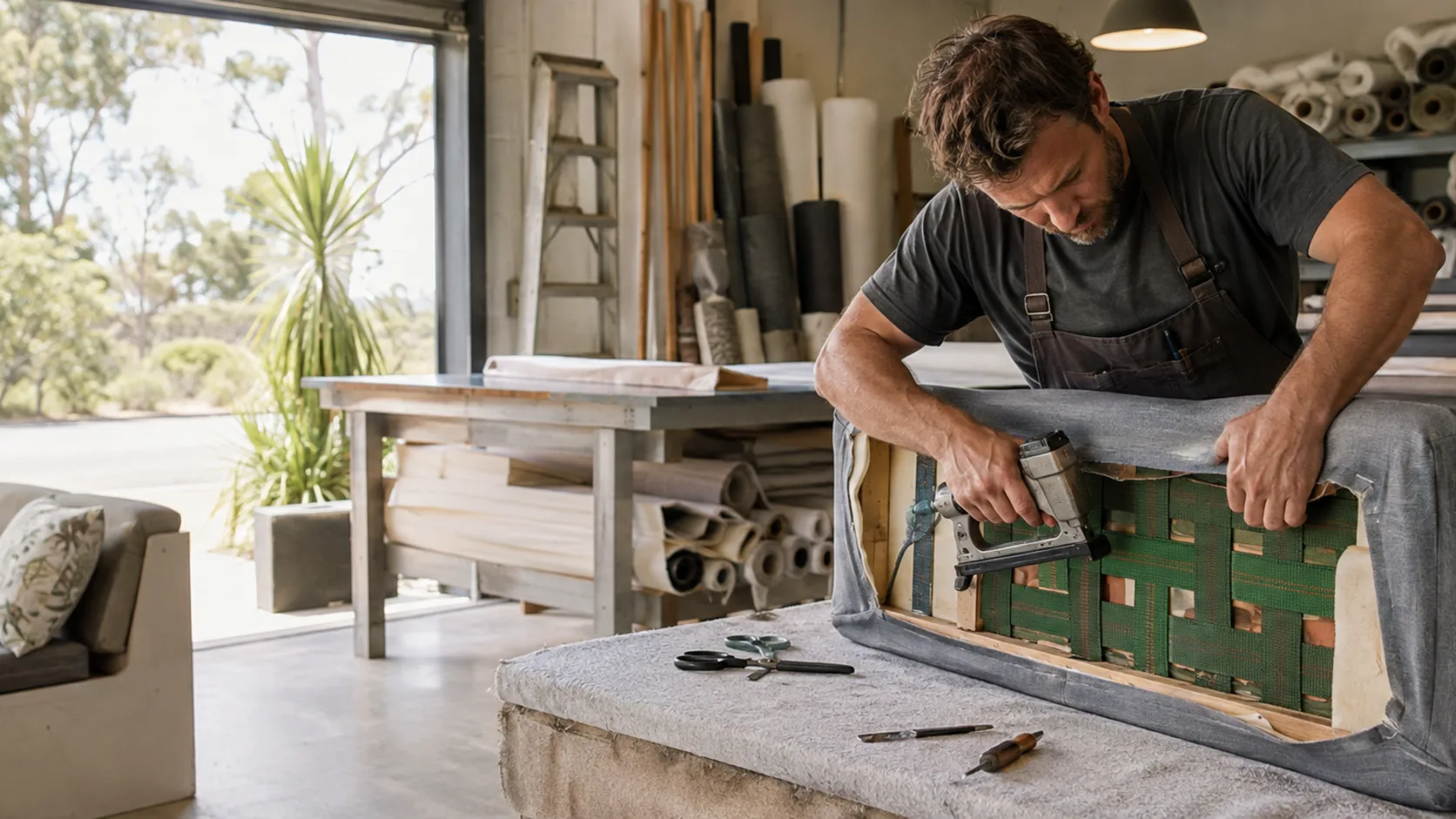 An upholsterer re-covering a chair in a workshop in Australia