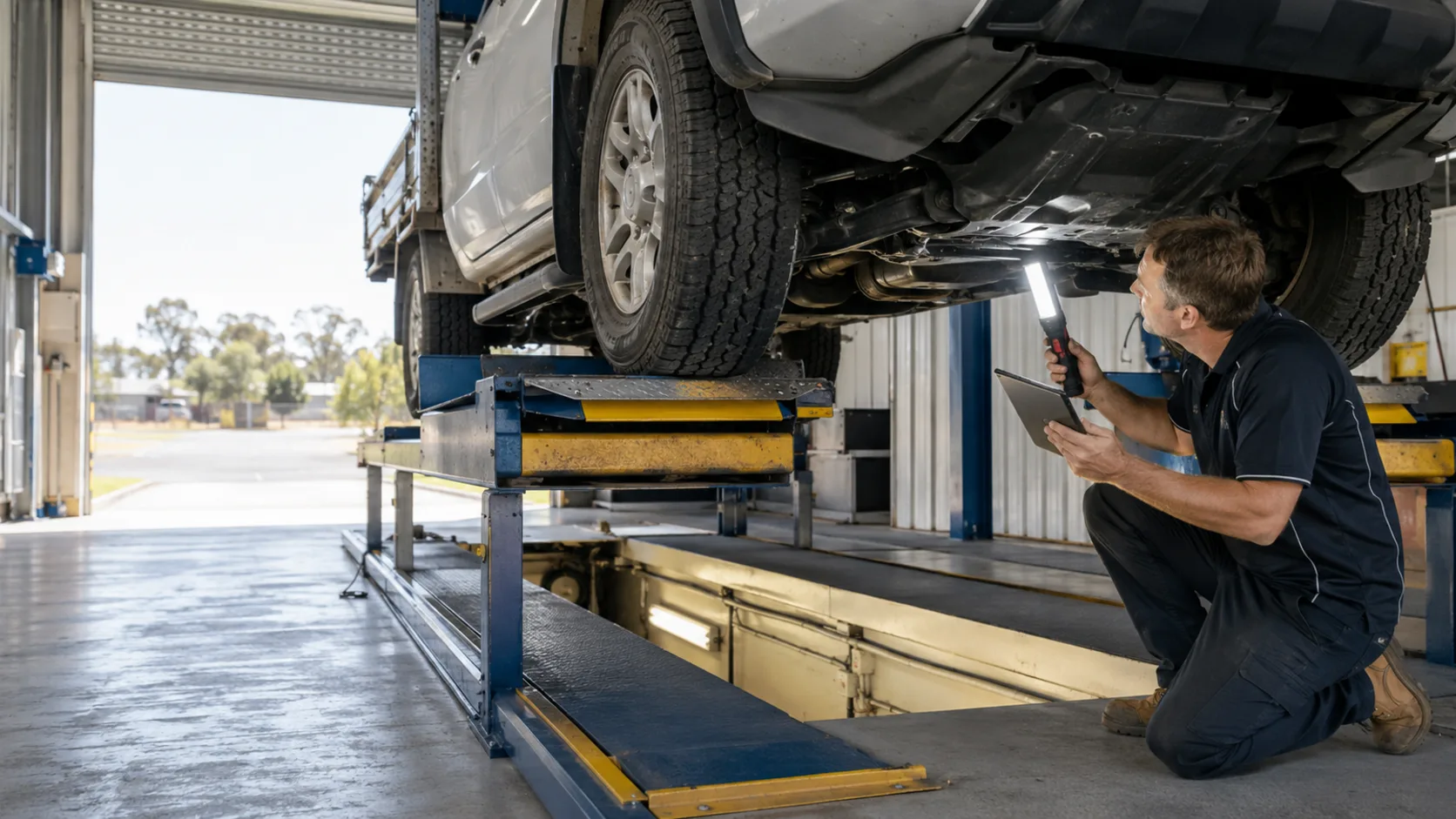 An inspector under a raised four-wheel drive on a workshop hoist, torch in one hand and a tablet in the other