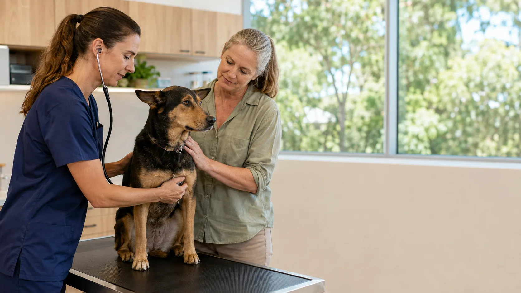 A vet listens to a dog's chest while the owner steadies it in an Australian clinic
