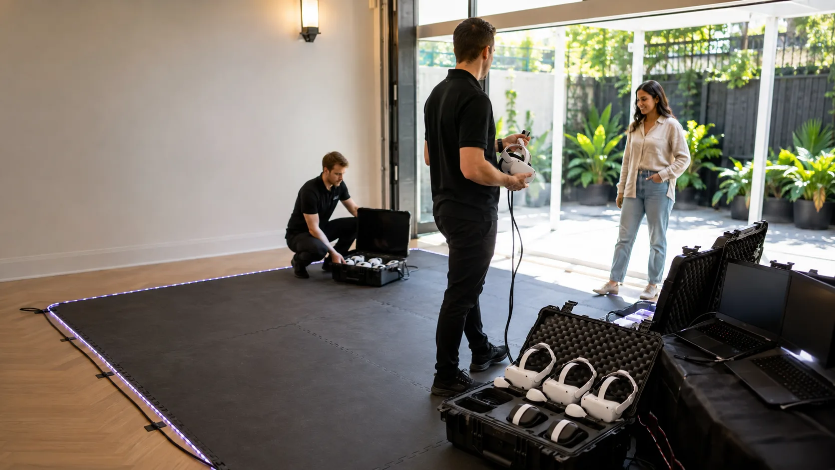 Operator calibrating a VR headset at an backyard party in Australia