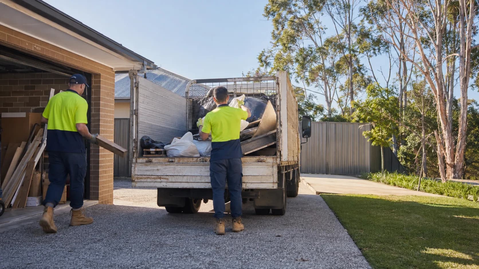 A crew loading a house clearance into a tipper truck in Australia