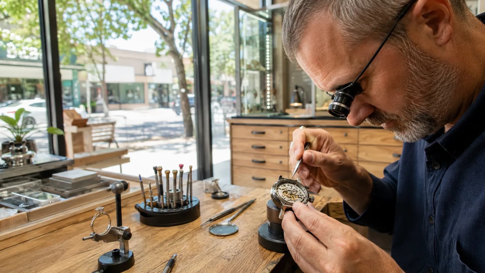 A repairer working on a watch movement at a jeweller's bench in Australia