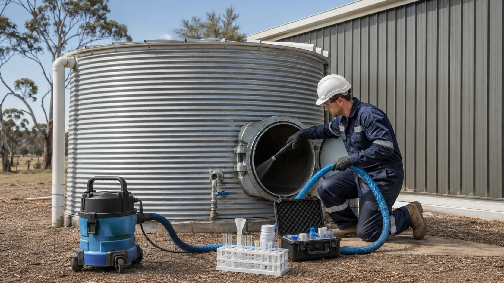 A water tank being cleaned out on a property in Australia
