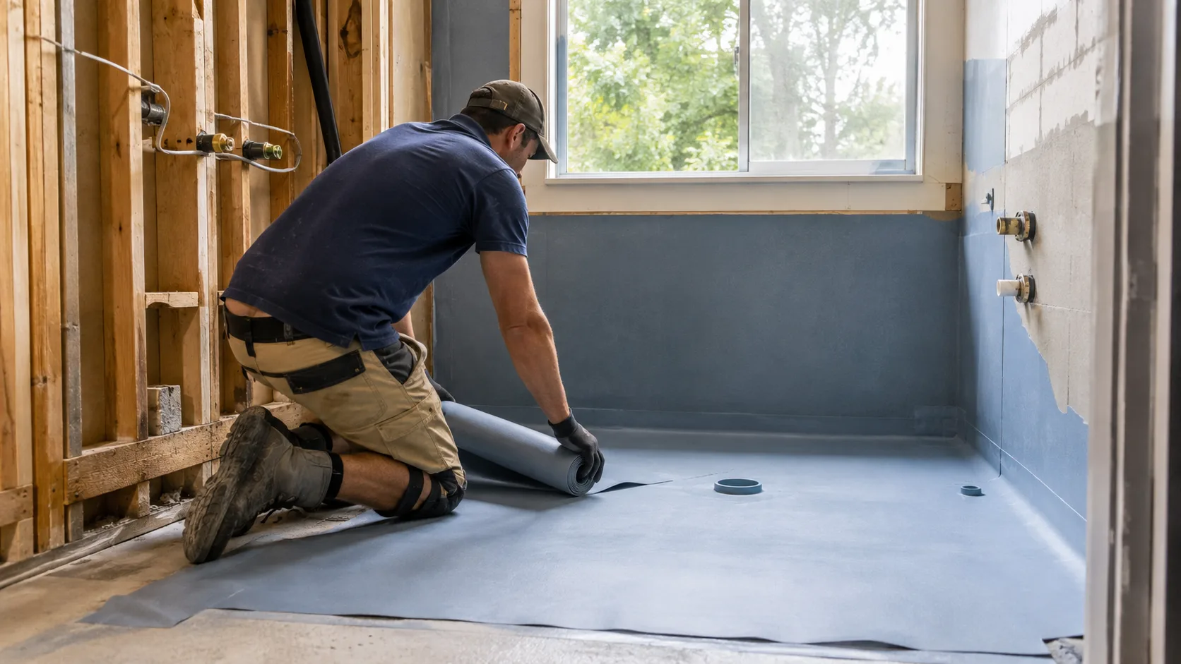 A waterproofer rolling membrane onto a bathroom floor in Australia