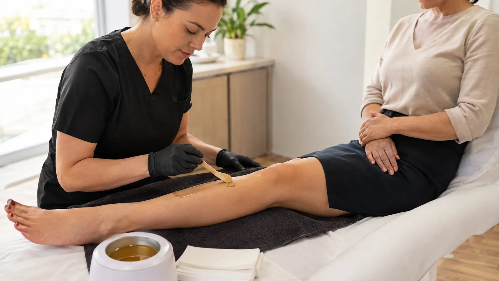 Waxing therapist applying leg wax for a client inside a bright studio in Australia