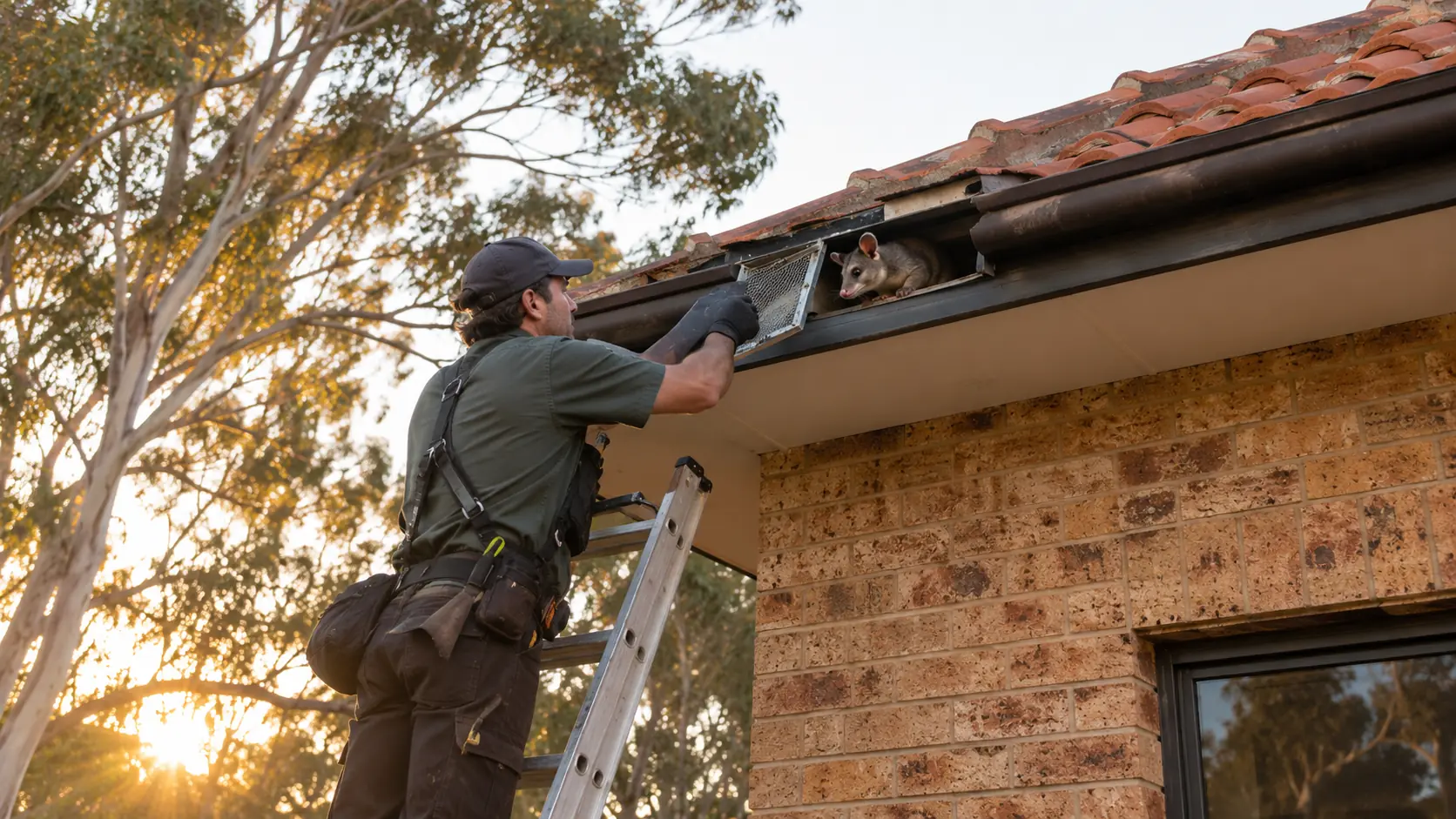 A technician checks a possum entry point at the gutter of an Australian house
