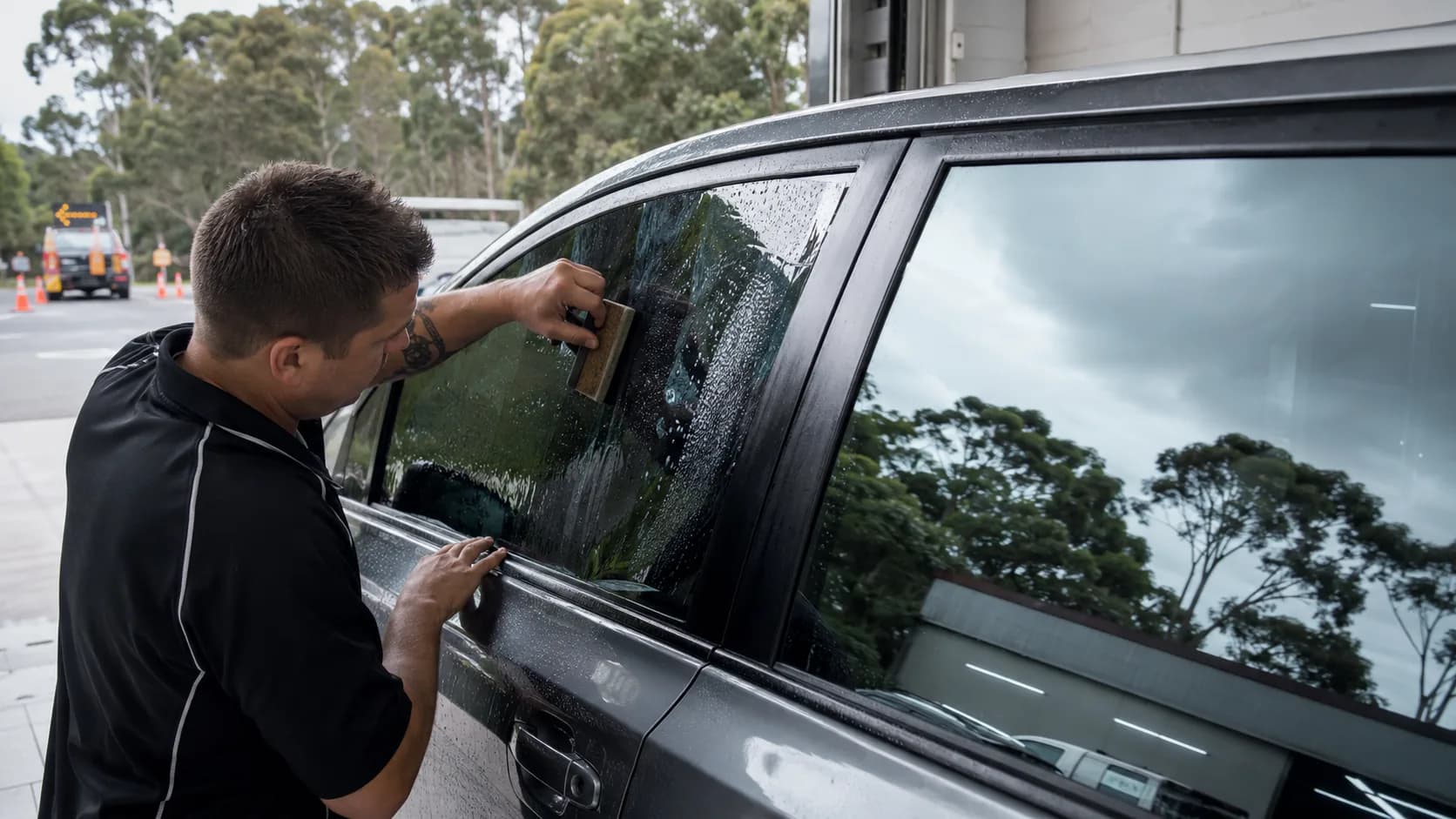 A tinter squeegeeing film onto a window in Australia