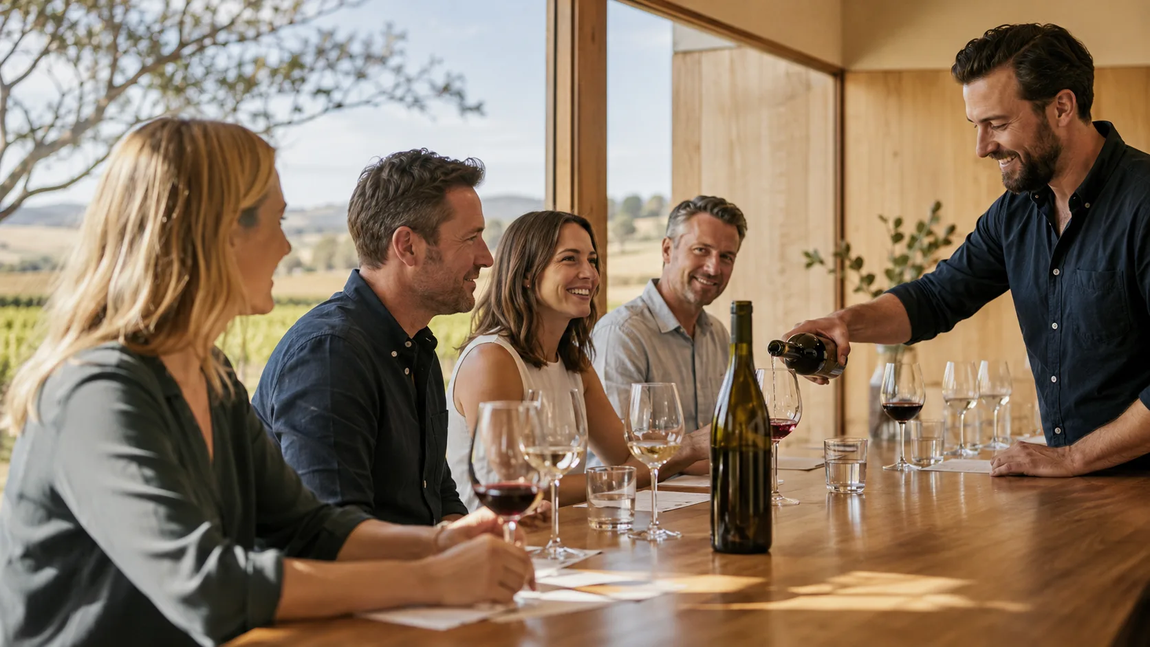 Host pouring a guided tasting at a sunlit Australian cellar door