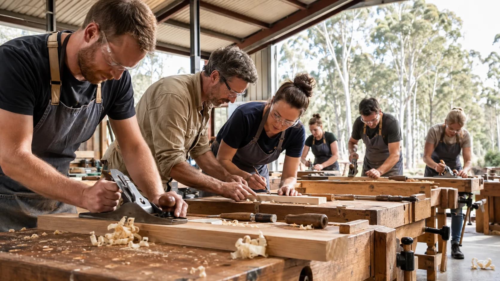 A woodwork tutor guiding learners with hand tools at sturdy vice-fitted benches in Australia