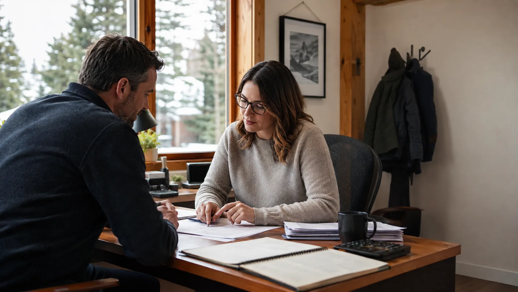 An accountant reviews financial papers with a small-business client in Canada