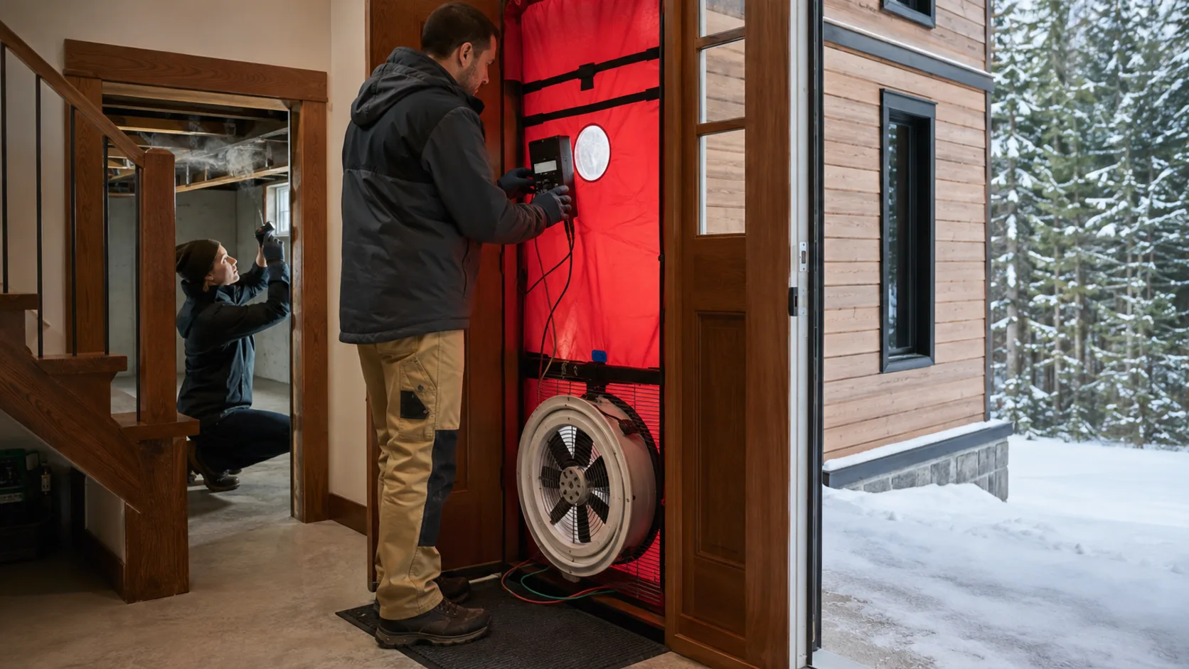 A tester rigging a blower door fan into the entry of a new house in Canada