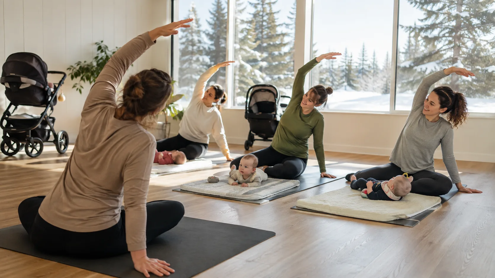 Parents and babies attend a warm indoor winter antenatal or parent-and-baby class in Canada