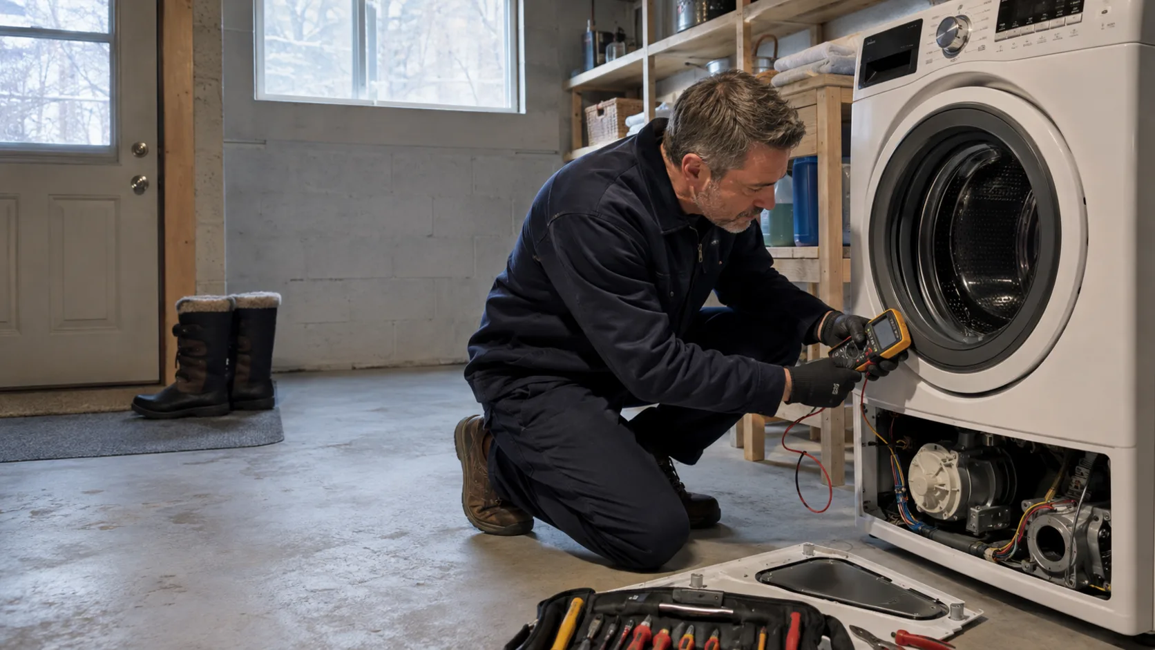 An appliance repairer working on a washing machine in a kitchen in Canada