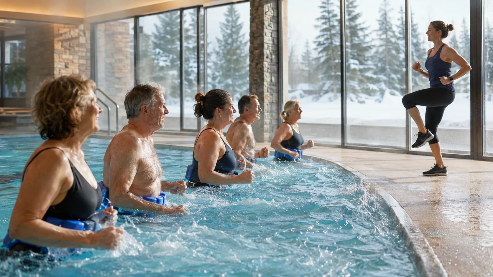 Adults attend an indoor winter aqua fitness class in Canada