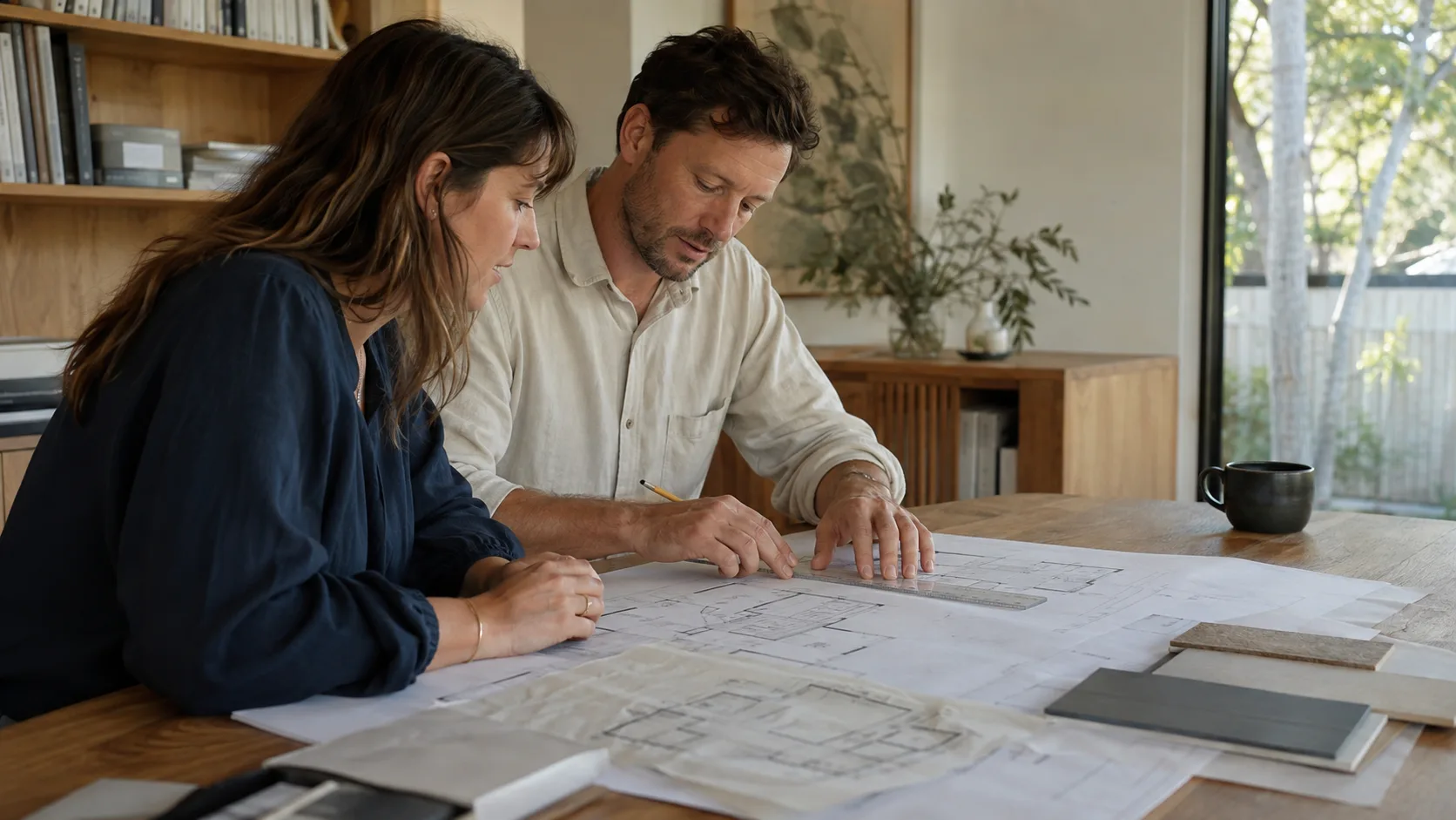 An architect reviews building plans with a client in Canada