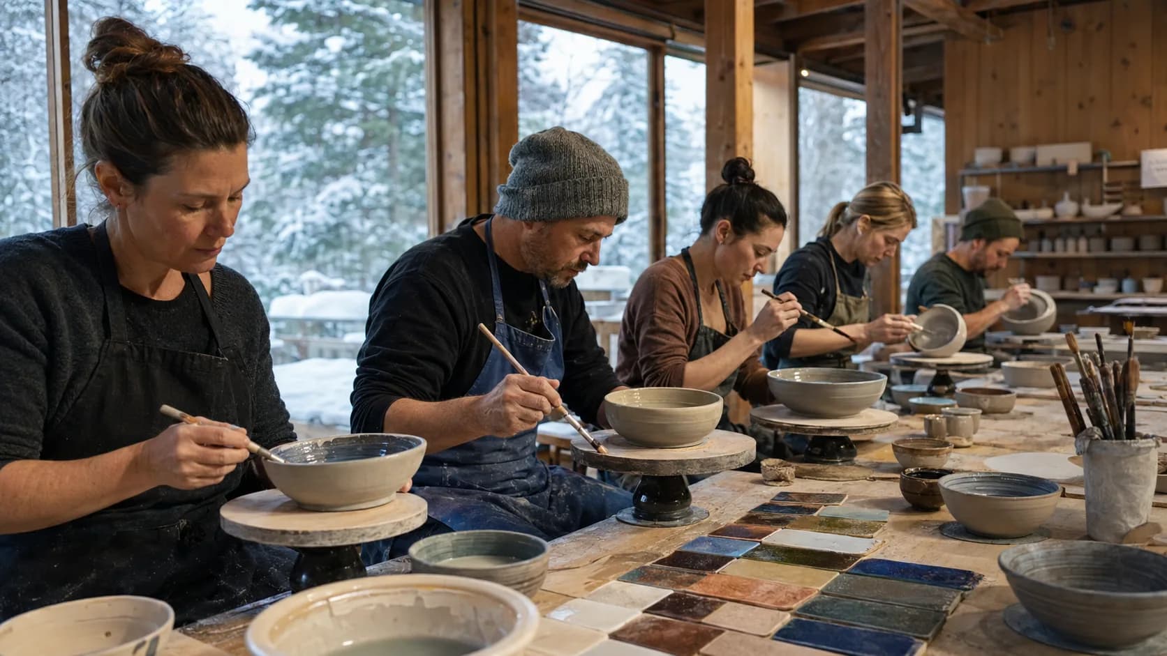 A pottery tutor guides makers during a hands-on studio class in Canada