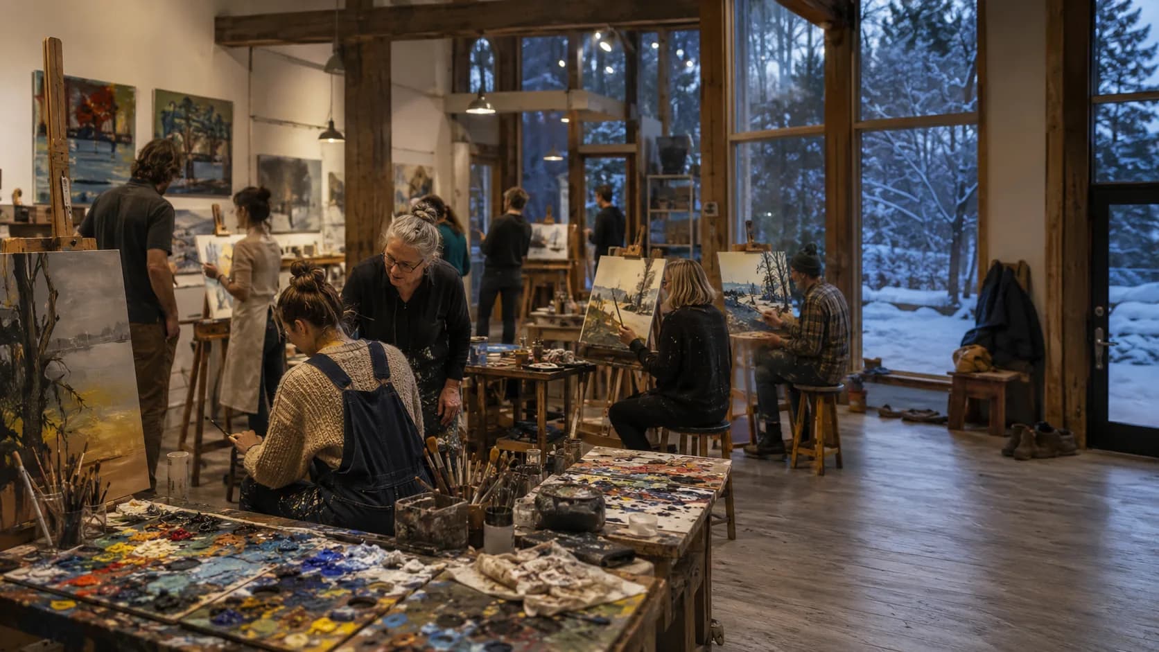 Artists work together around tables in a light-filled working studio