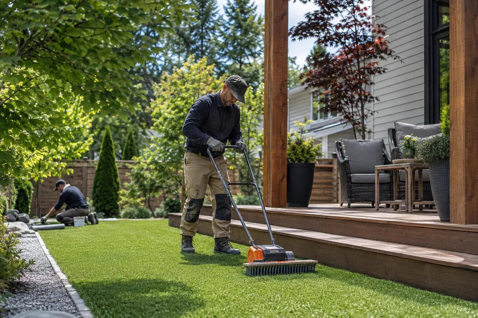 An installer laying a roll of artificial grass over a compacted base in Canada