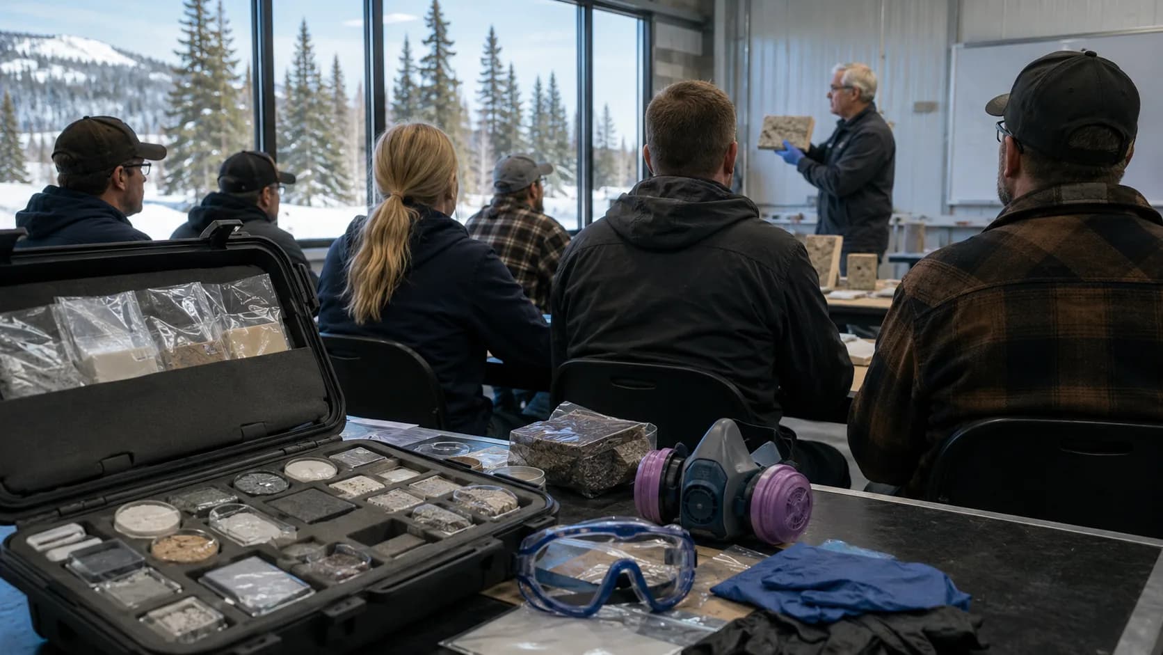 Instructor shows sealed building samples during an asbestos awareness class in Canada