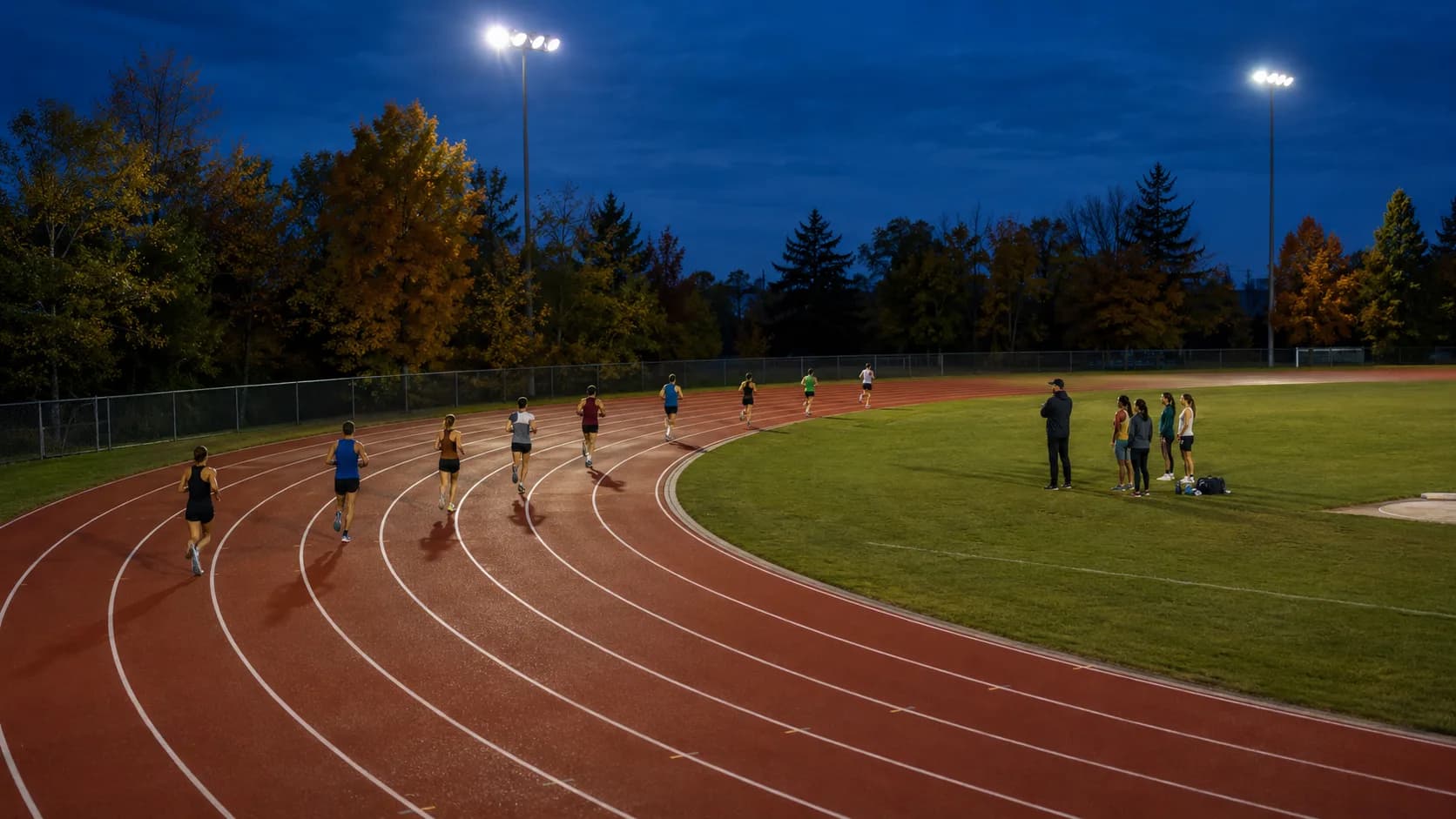 Runners train around a bright summer athletics track in Canada