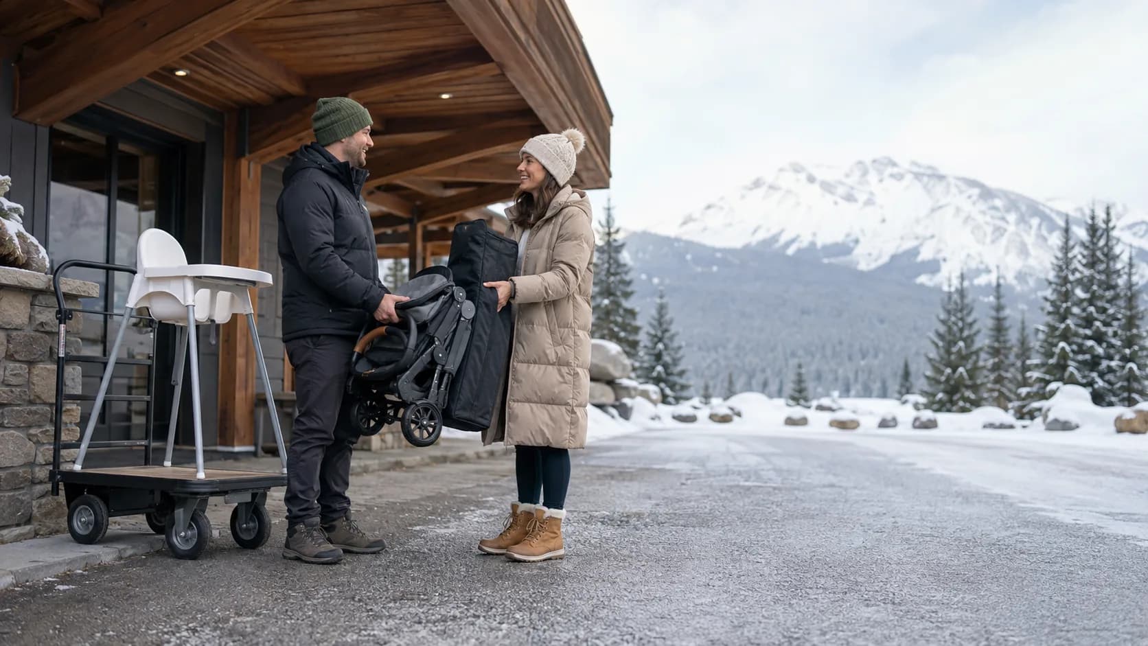 Operator delivering a stroller and high chair at a snowy lodge in Canada