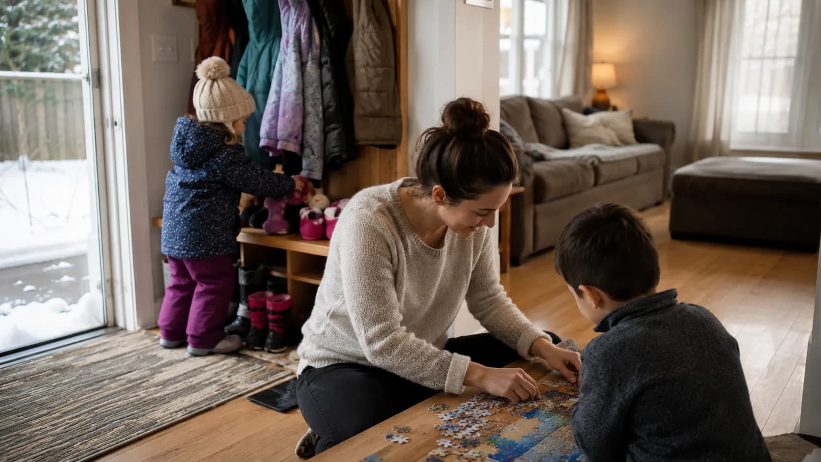 A sitter does a jigsaw with a child by the door of a snowy Canadian home