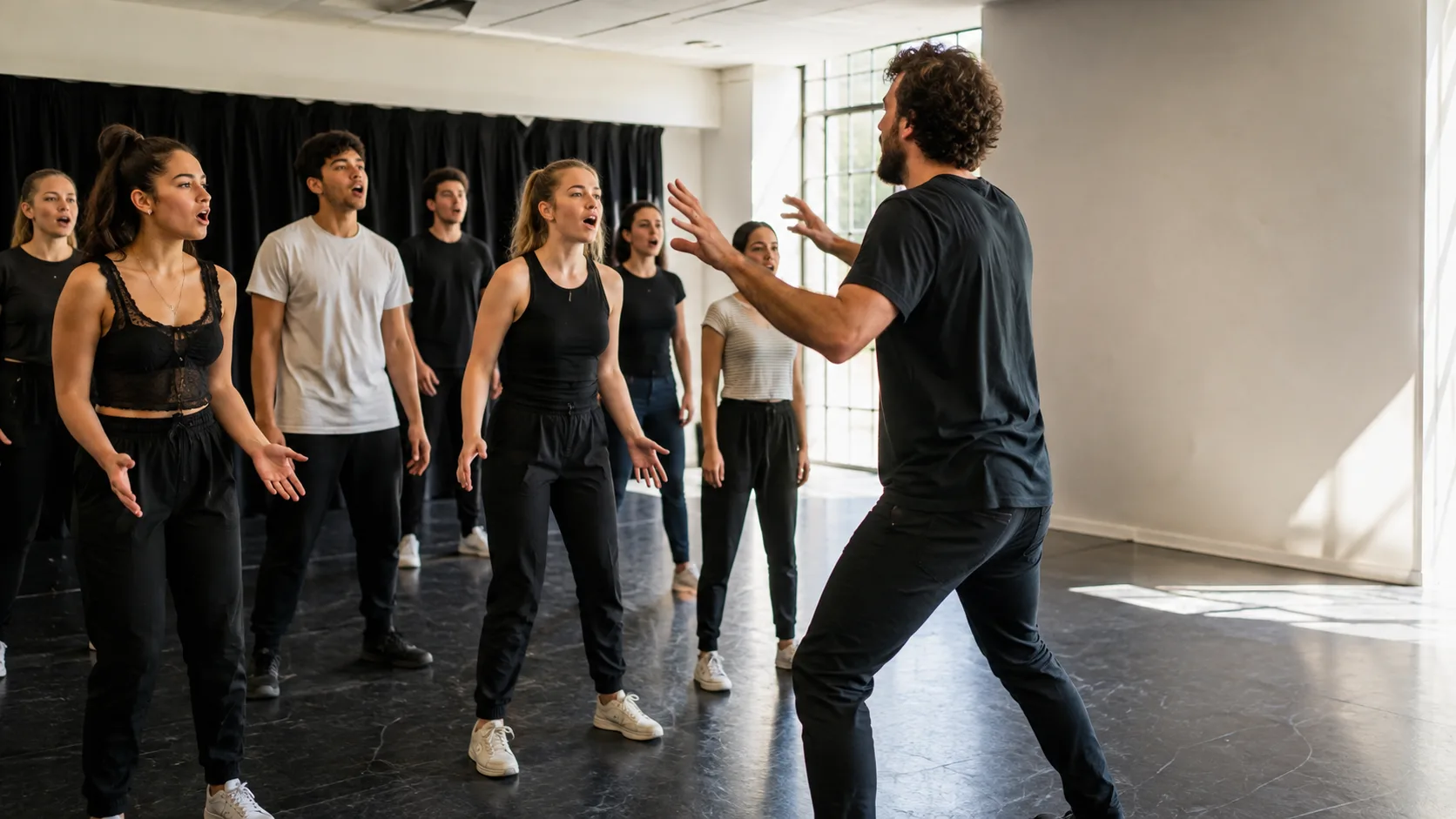 Ballet class practising beside tall windows in a studio in Canada