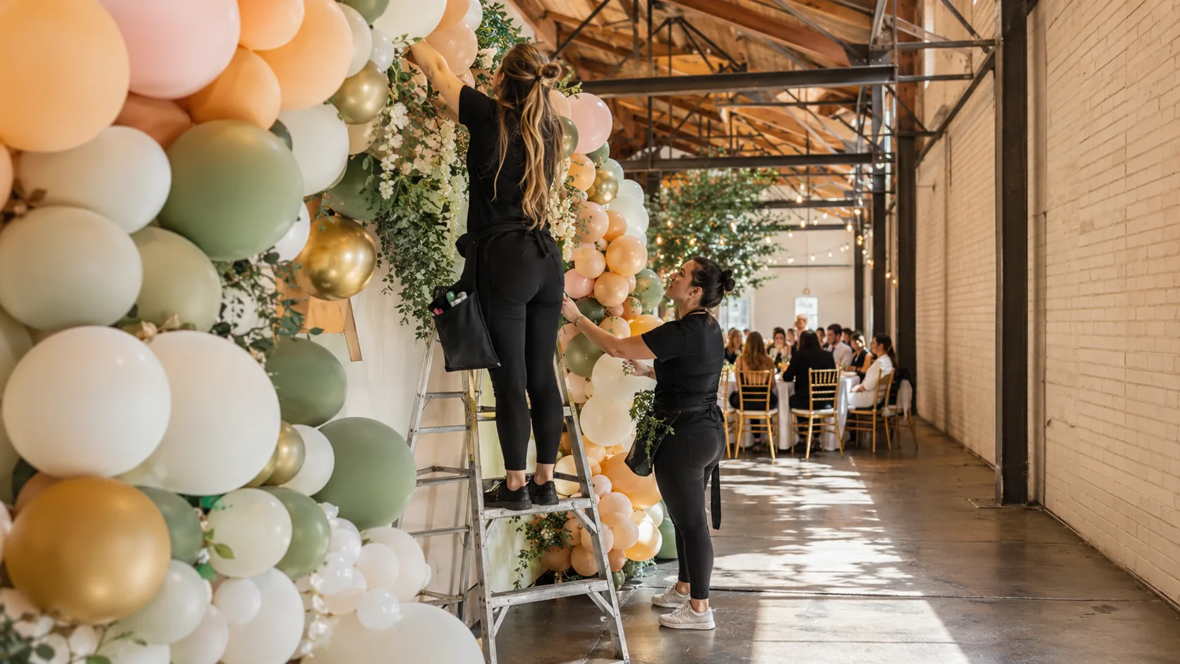 Balloon stylist installing colourful event decor for a booked celebration in Canada