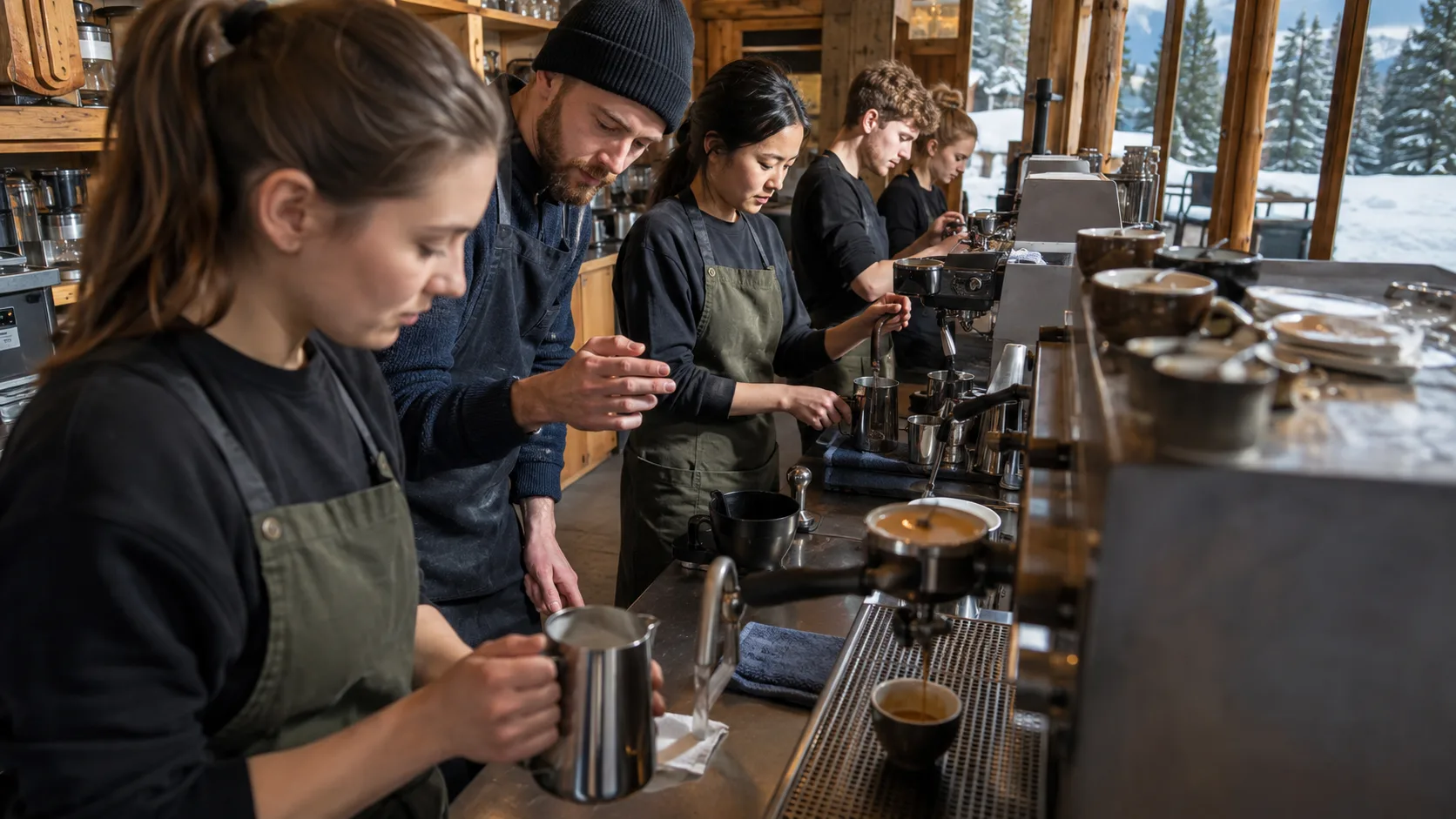 A coffee trainer coaches learners at commercial espresso machines during class in Canada