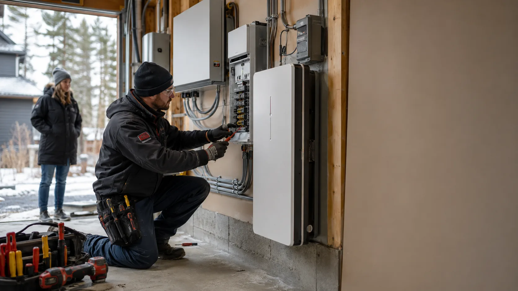 An installer mounting a home battery on a garage wall in Canada
