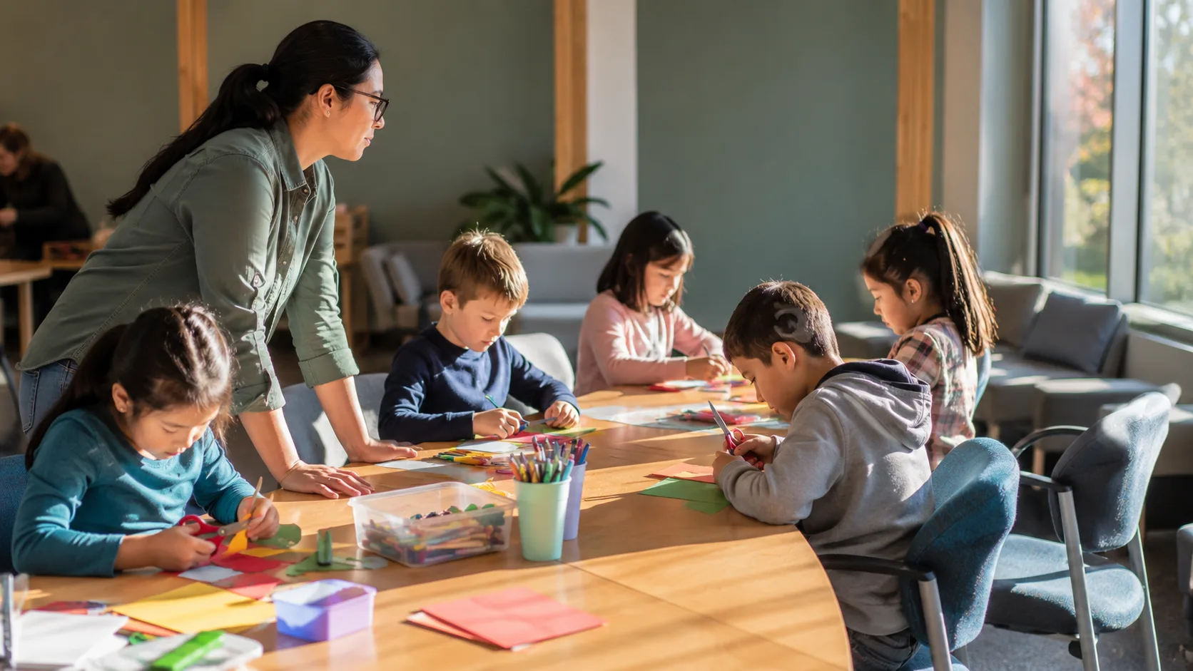 Children completing a supervised after-school activity in a community room in Canada