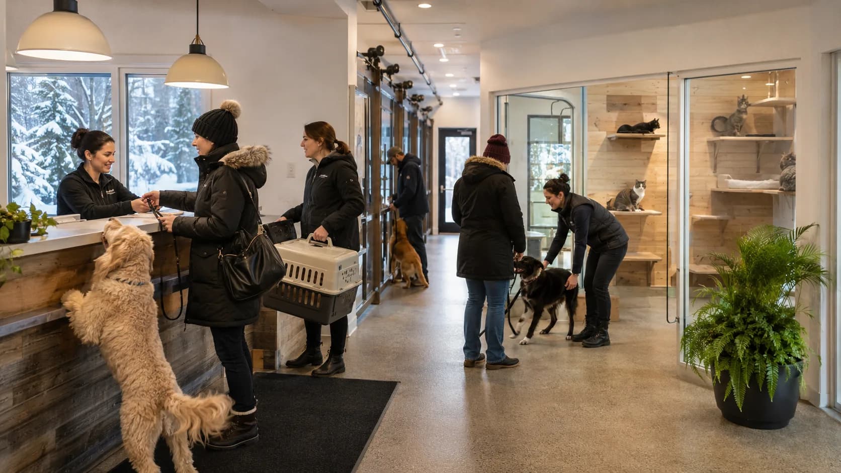 Customers arrive at a bright Canadian kennel run or cat suite for their booking