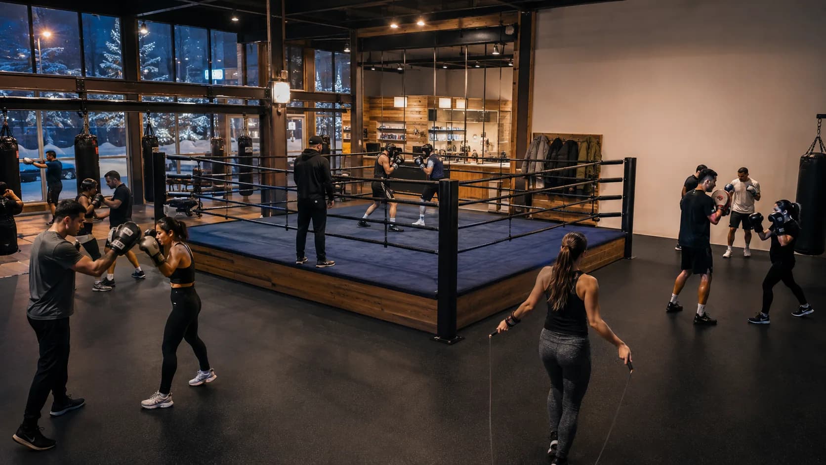 Athletes practise inside a bright insulated boxing gym in Canada
