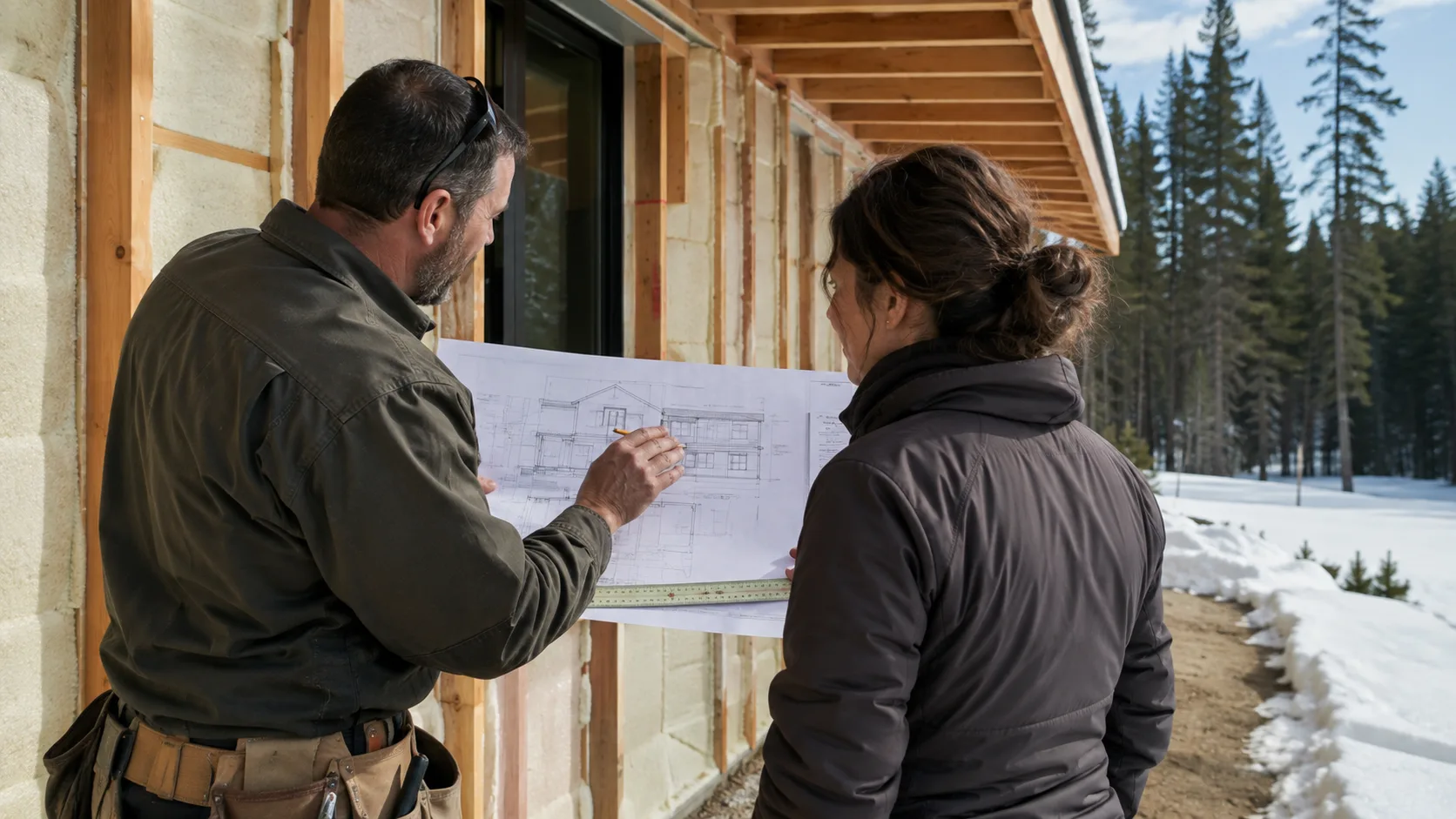 A building designer reviews residential plans with a client in Canada