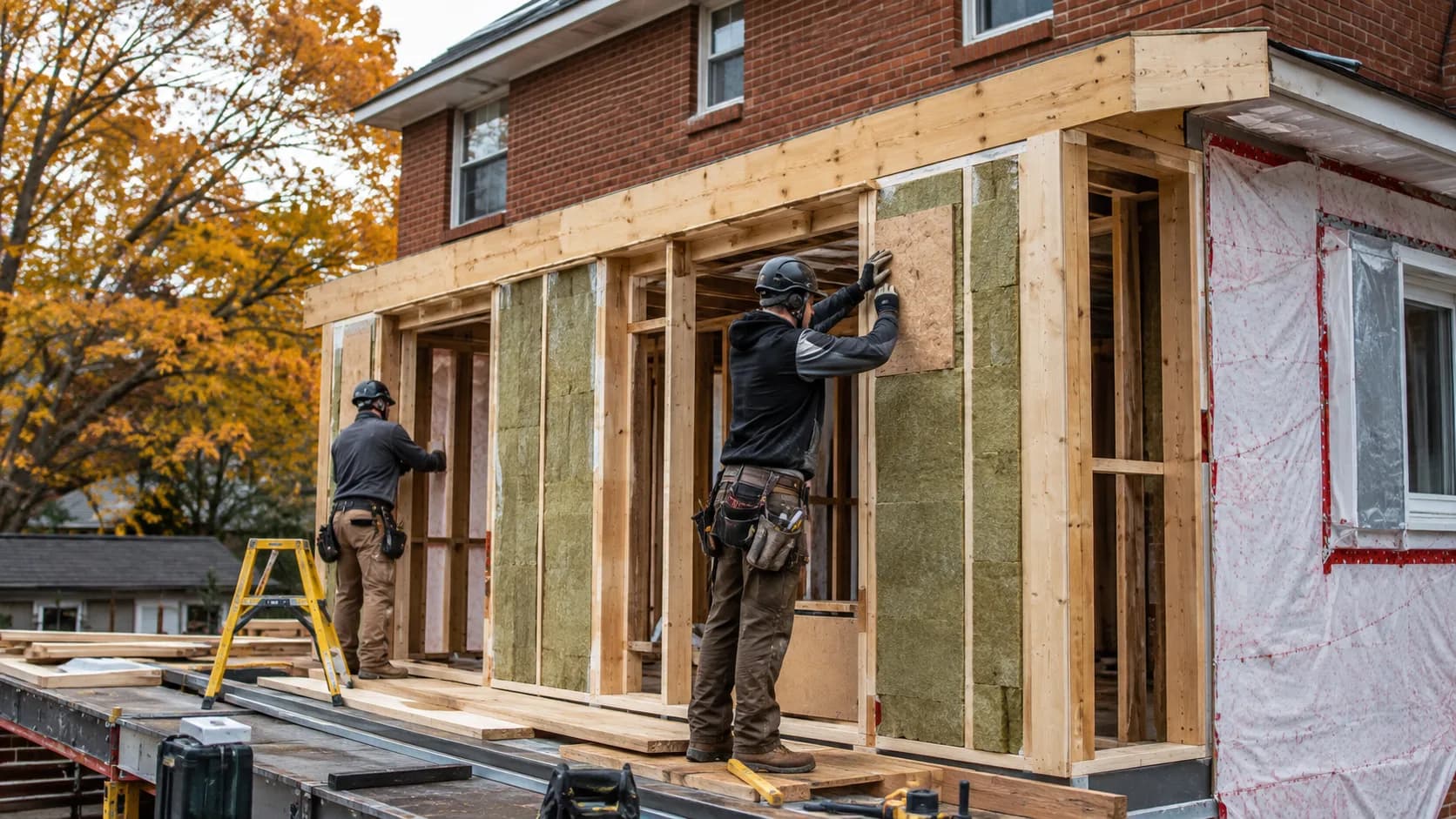 A builder framing a house extension in Canada
