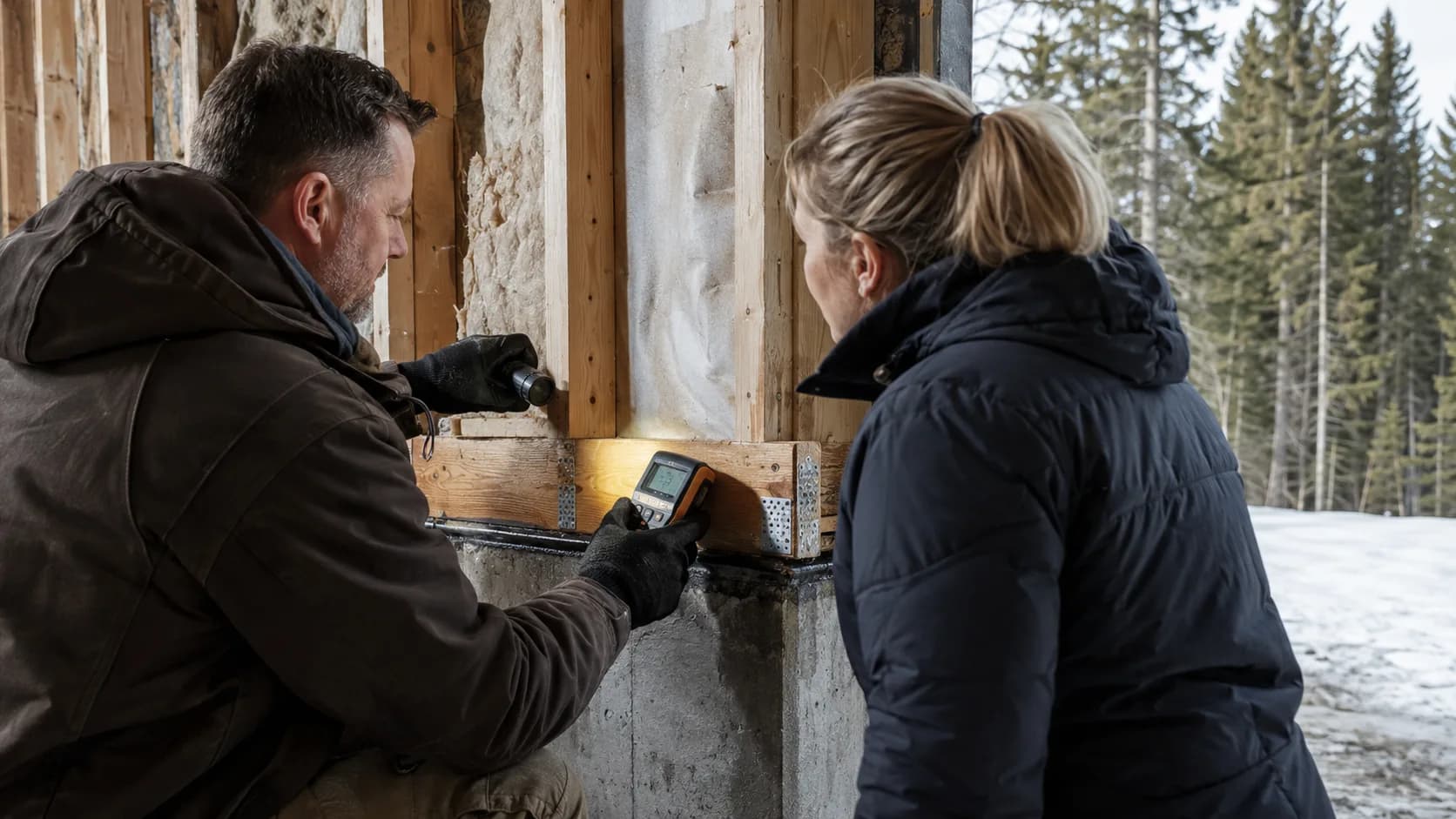 An inspector checks a timber junction during a home visit in Canada
