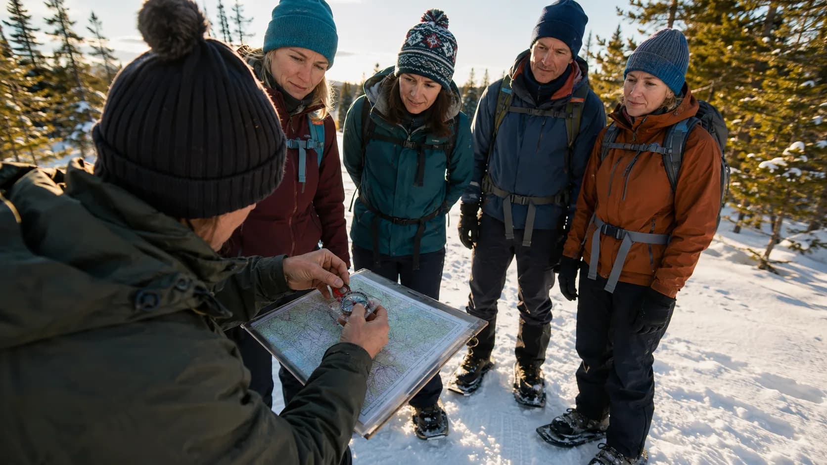 For navigation courses, a group practises winter navigation beside a forest trail in Canada