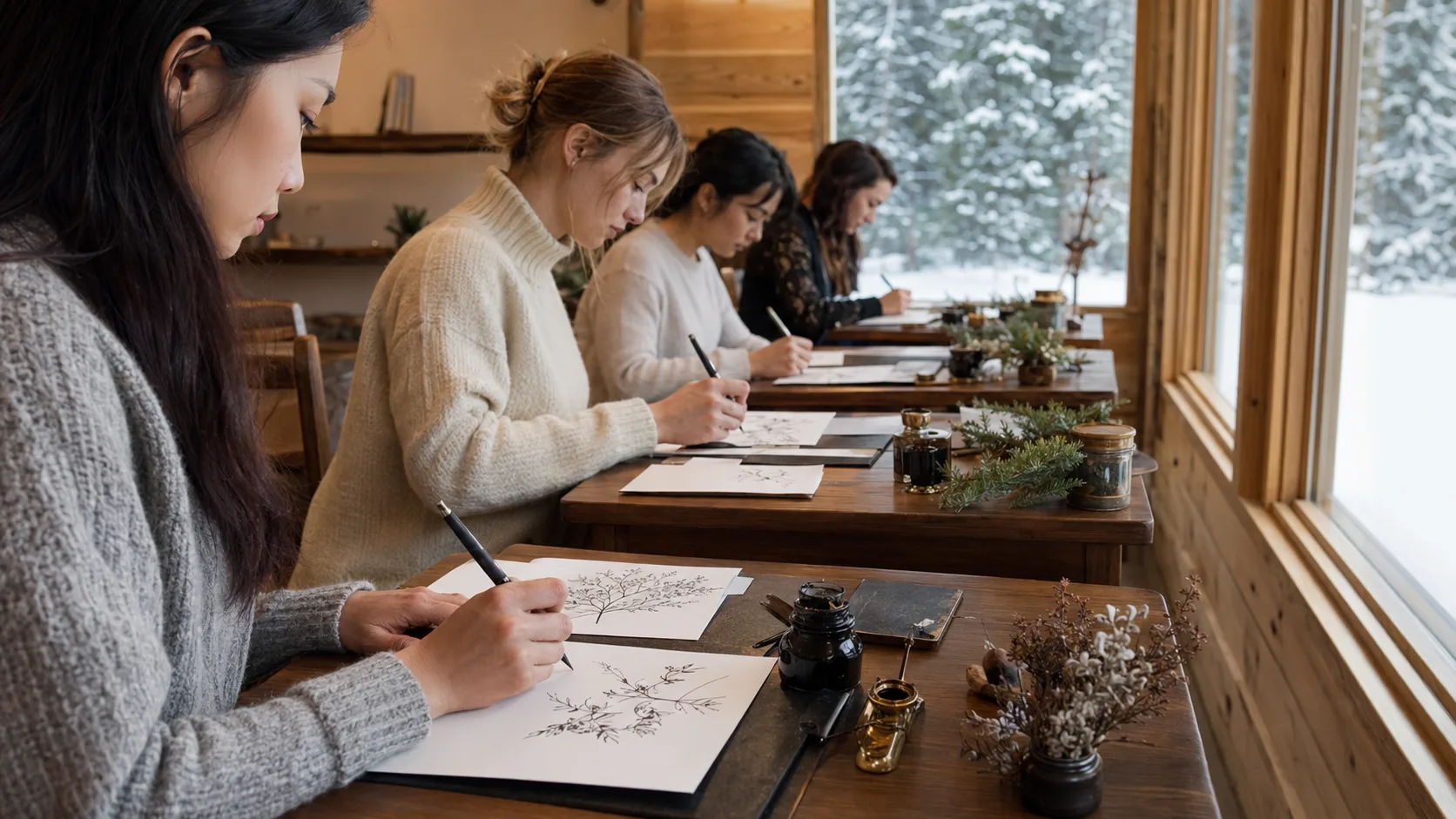 Students practise broad-edged lettering under desk lamps at a winter studio table in Canada