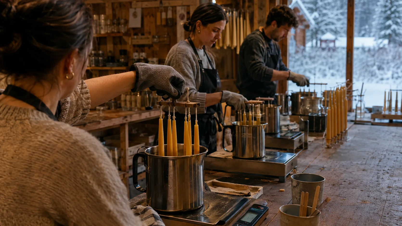 Poured candles cooling in tins beside a melting pot at a studio bench in Canada