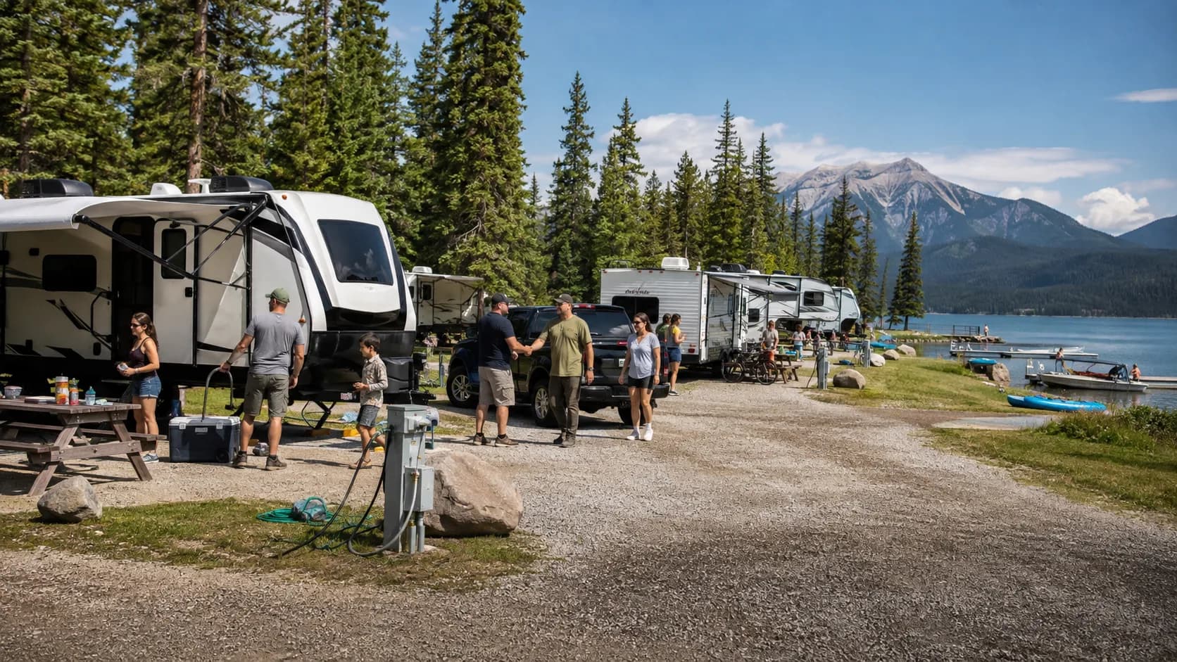 Guests arrive at occupied serviced or unserviced campsite in Canada in bright daylight