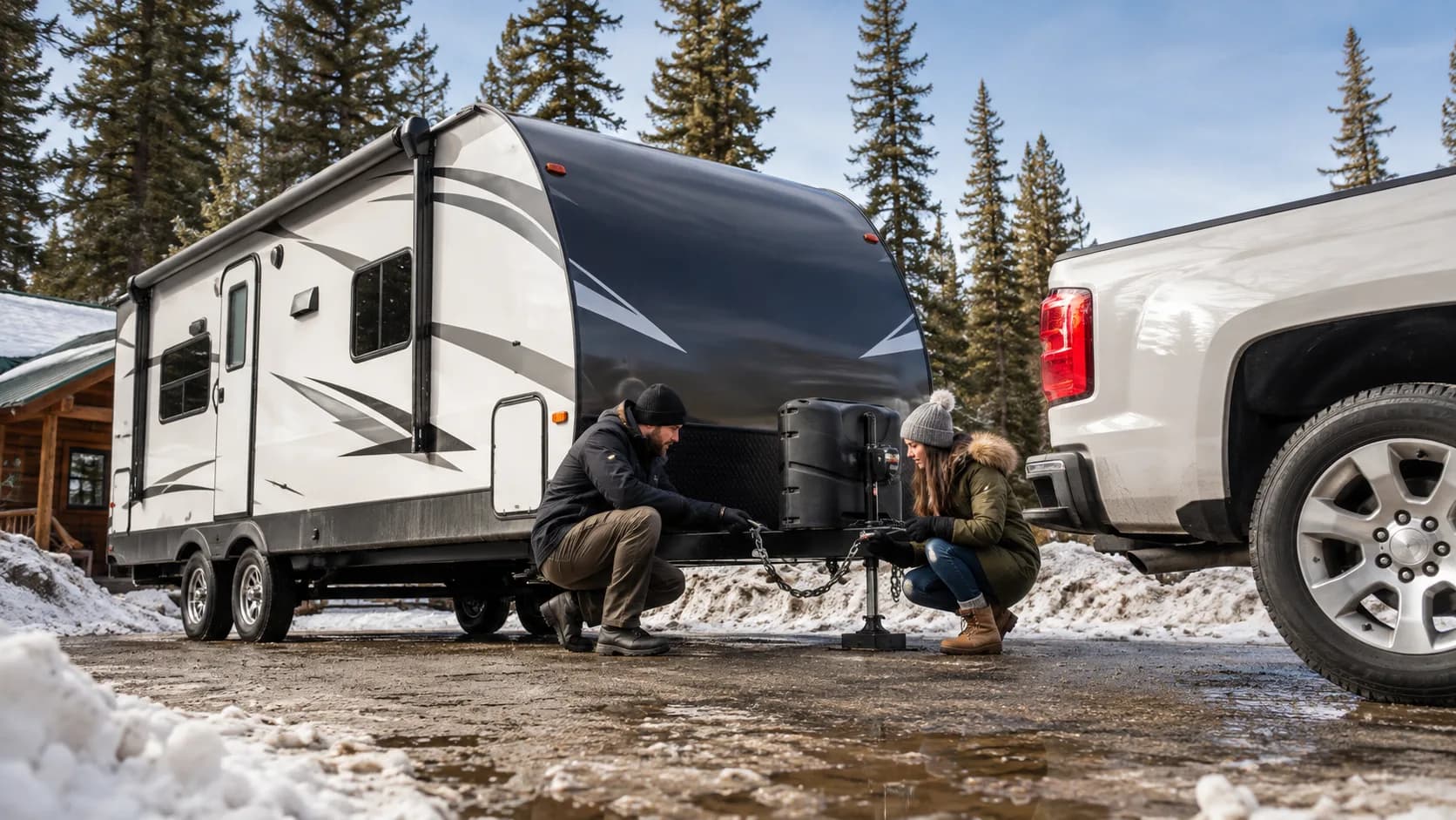 Crew checking a travel trailer hitch at a snowy depot in Canada