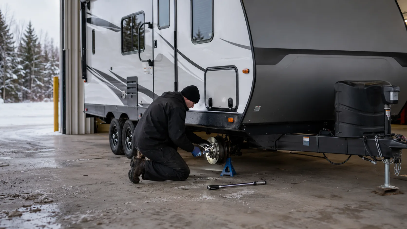 A caravan up on stands in a service workshop in Canada