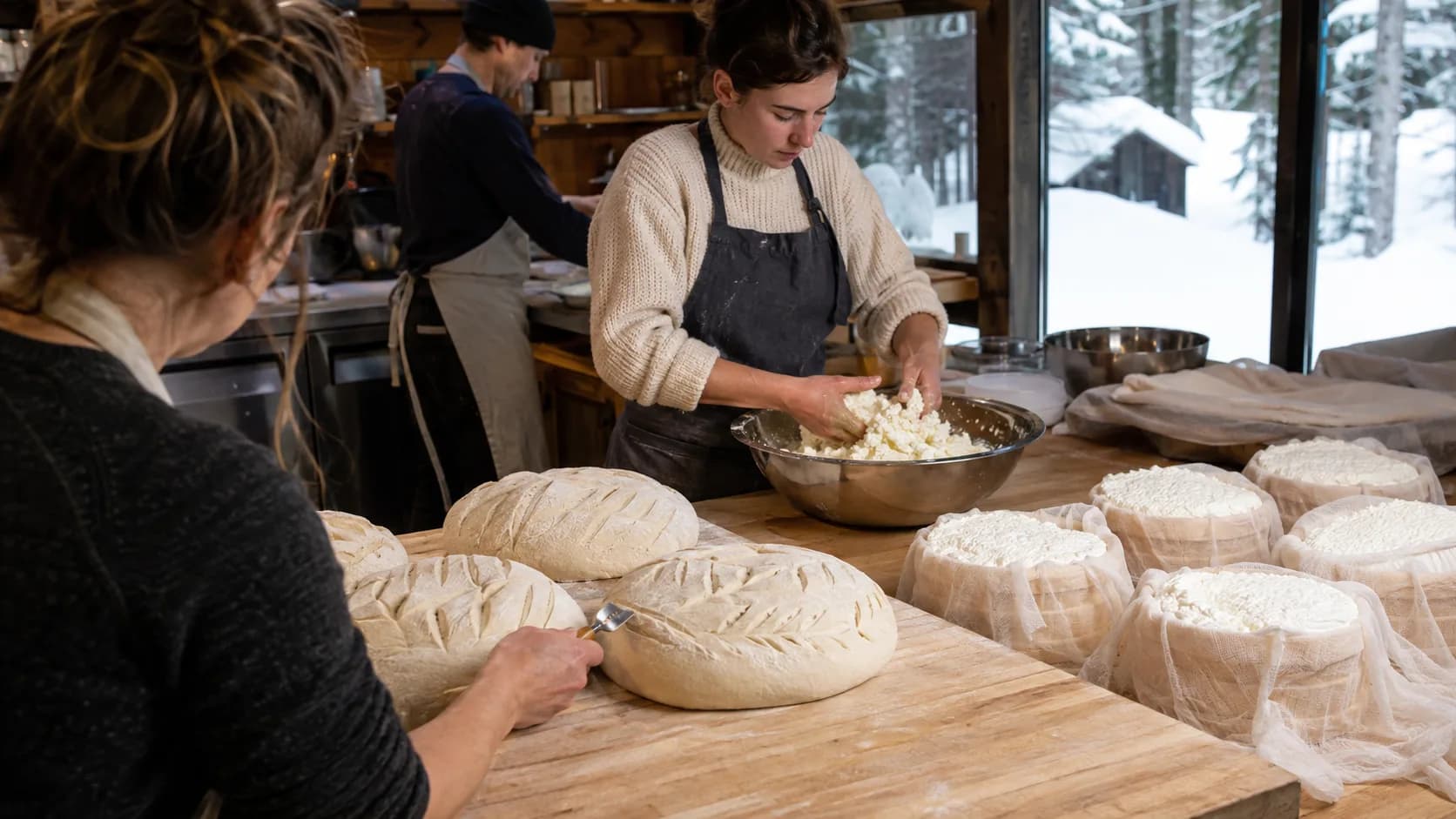 A food tutor guides learners shaping sourdough and making fresh cheese in Canada