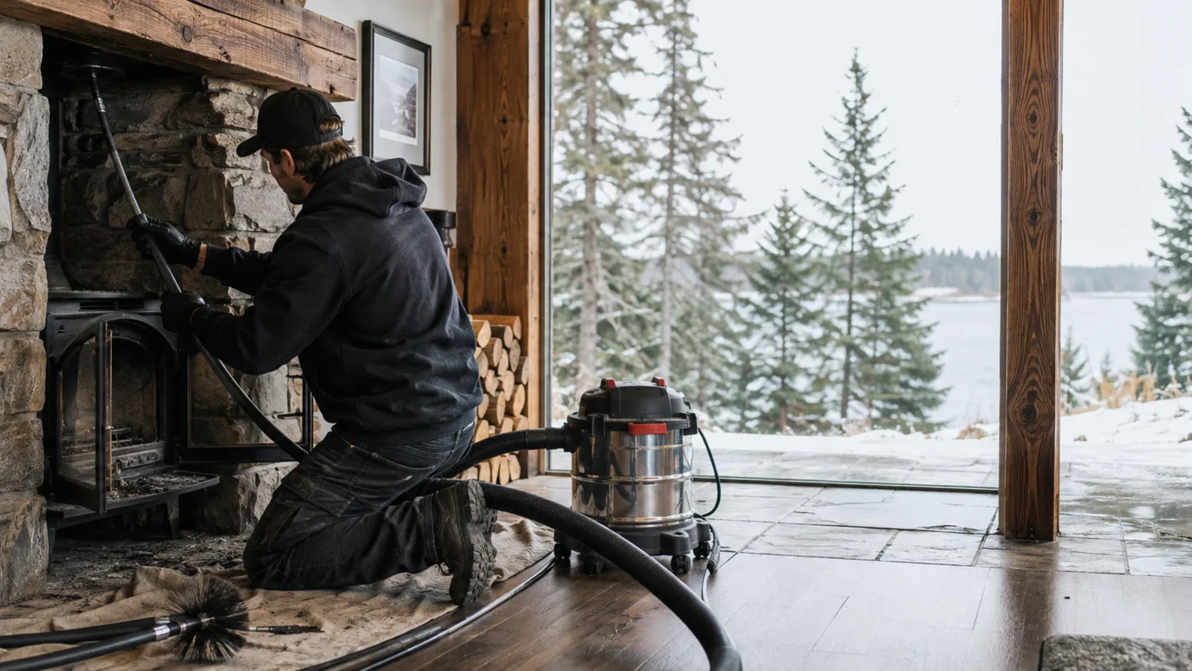 A chimney sweep brushing a flue in Canada