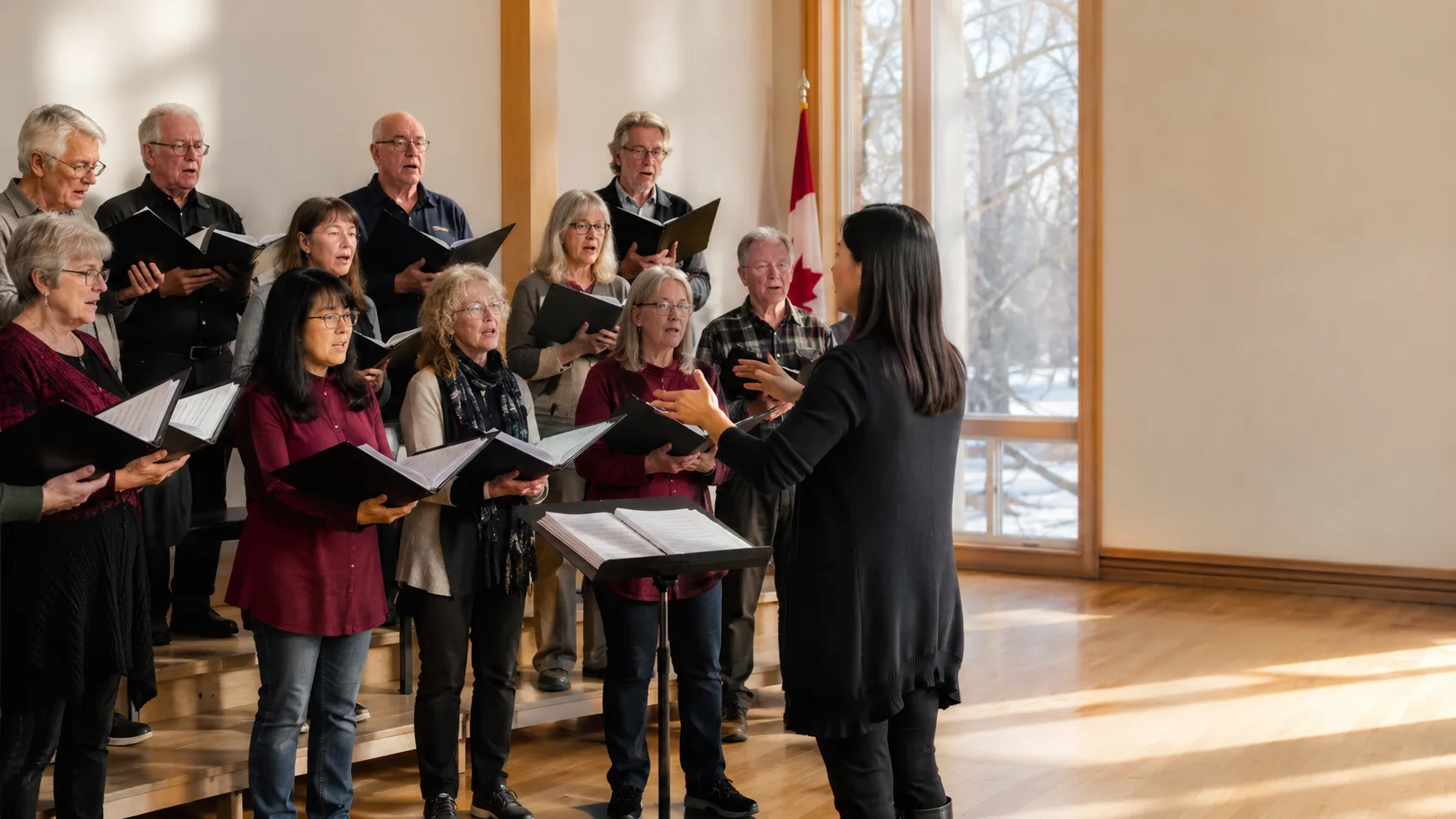 Community choir rehearsing inside a bright music hall in Canada