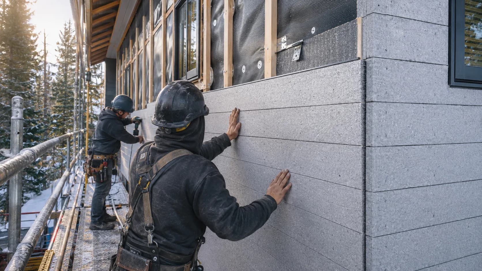 Installers hanging cladding boards on a house in Canada