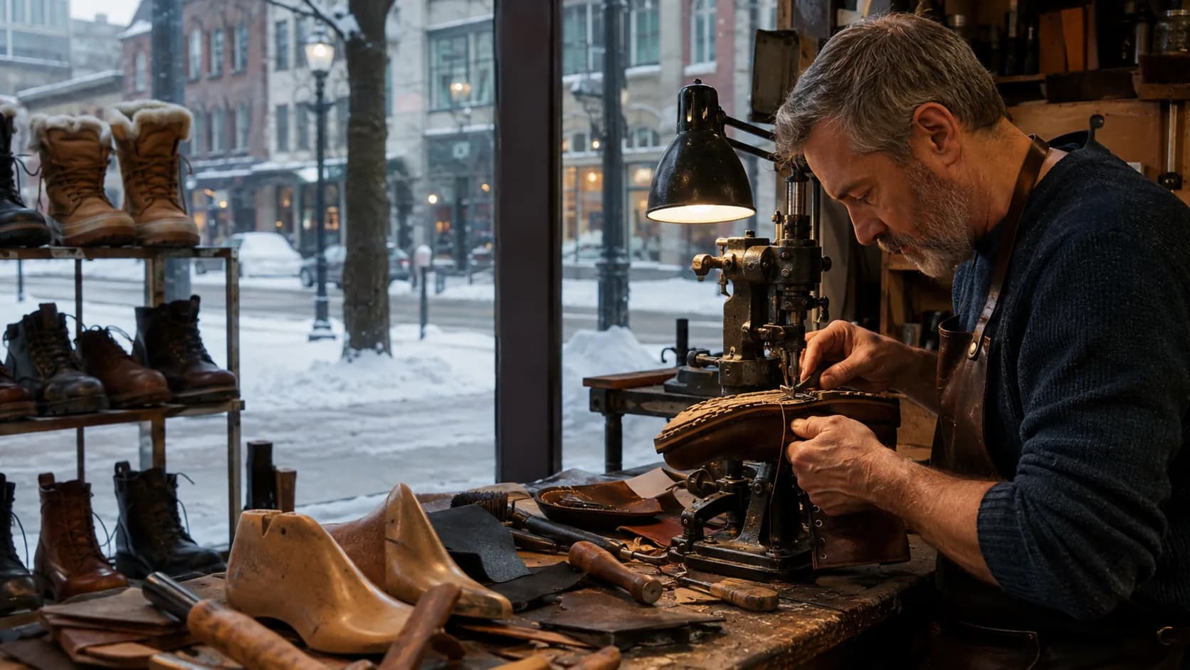 A cobbler stitching a sole at the bench of a shoe repair shop in Canada