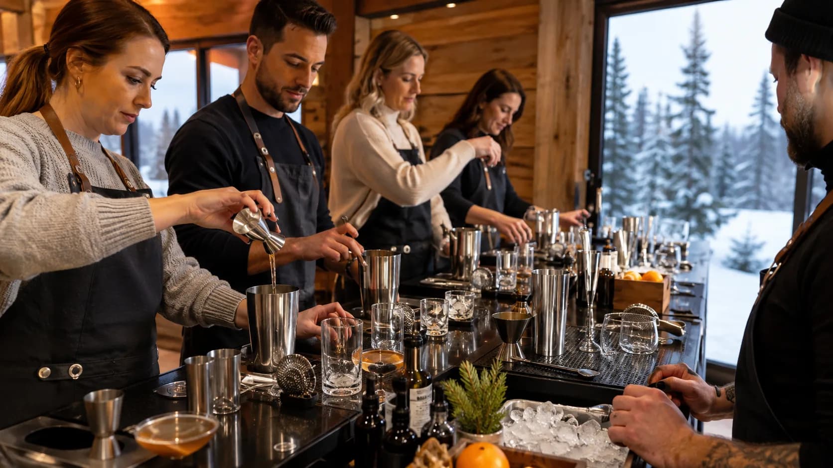 Guests stirring drinks at warm-lit bar stations in Canada, with snow visible beyond the window