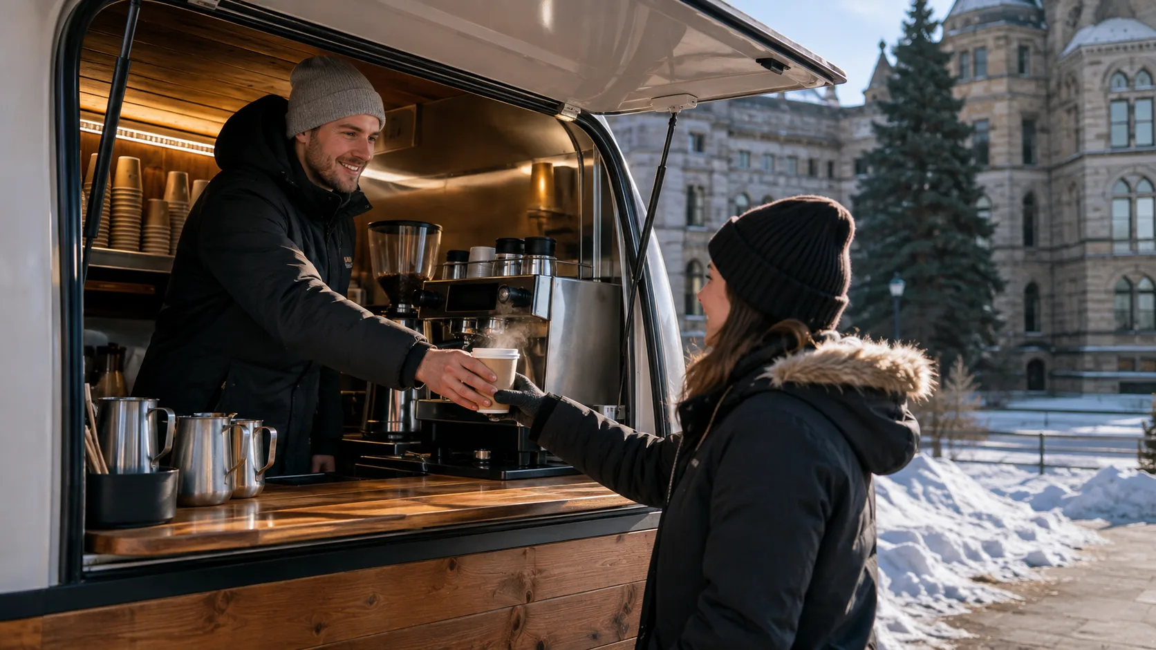 coffee van handing over hot drinks beside winter snow in Canada